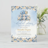 シックな水色ブルーとアイボリーフローラ茶パーティー 招待状 (スタンド正面)