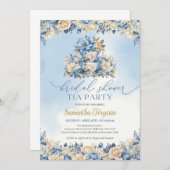 シックな水色ブルーとアイボリーフローラ茶パーティー 招待状 (正面/裏面)