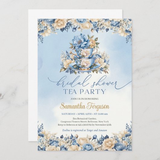 シックな水色ブルーとアイボリーフローラ茶パーティー 招待状 (正面/裏面)
