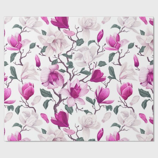 シックな水色ホワイトホットピンクマグノリアス模様 ラッピングペーパー (フラット)