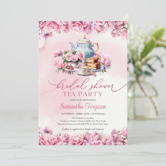 シックな水色明るい赤紫色牡丹フローラ茶パーティー 招待状 (スタンド正面)