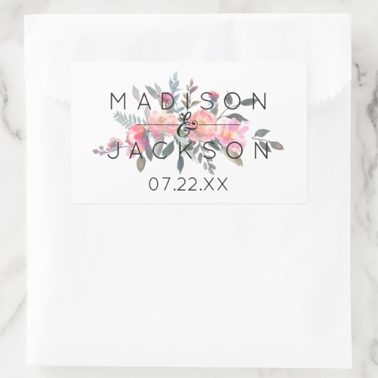 シックな水色牡丹フローラ結婚ズモノグラム 長方形シール (バッグ)