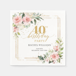 シックな水色赤面バラ金ゴールド40th誕生日 スタンダードカクテルナプキン