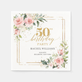 シックな水色赤面バラ金ゴールド50th誕生日 スタンダードカクテルナプキン