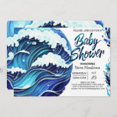 シックな沿岸波ベビーシャワー 招待状 (正面/裏面)
