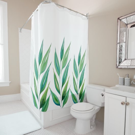 シックな海グリーンブループラントウォーターカラー シャワーカーテン (インサイチュ)