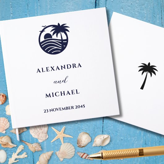 シックな海軍とホワイトパームツリーコースト結婚ーズ ゲストブック
