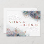 シックな海軍水彩画及びばら色の金ゴールドの花の結婚式 インビテーションポストカード (正面/裏面)