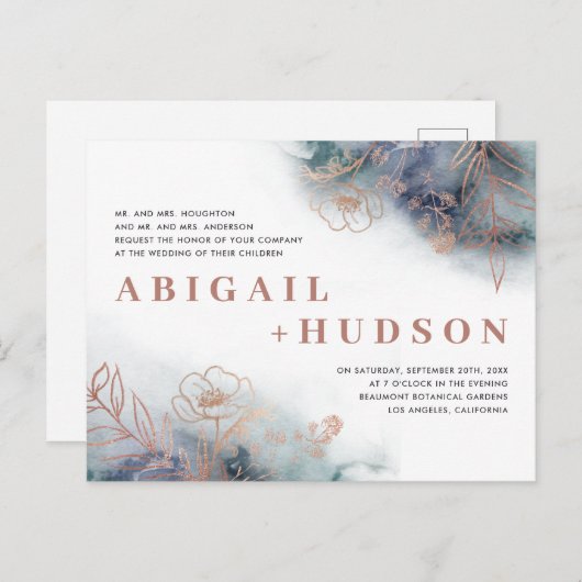 シックな海軍水彩画及びばら色の金ゴールドの花の結婚式 インビテーションポストカード (正面/裏面)