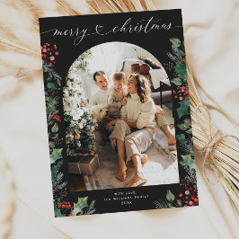 シックな濃い葉アーチ1フォトファミリークリスマス シーズンカード