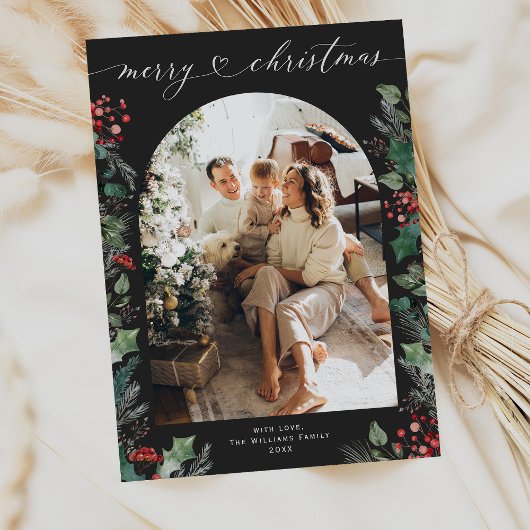 シックな濃い葉アーチ1フォトファミリークリスマス シーズンカード