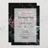 シックな濃い赤いバラのドロップフレームリタイア 招待状 (正面/裏面)