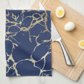 シックな濃紺のフェイクな金ゴールドホイルの大理石パターン キッチンタオル (四つ折り)