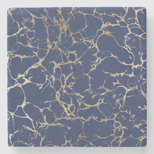 シックな濃紺のフェイクな金ゴールドホイルの大理石パターン ストーンコースター (正面)