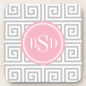 シックな灰色のギリシャ人の鍵幾何学的なパターンモノグラム コースター (正面)