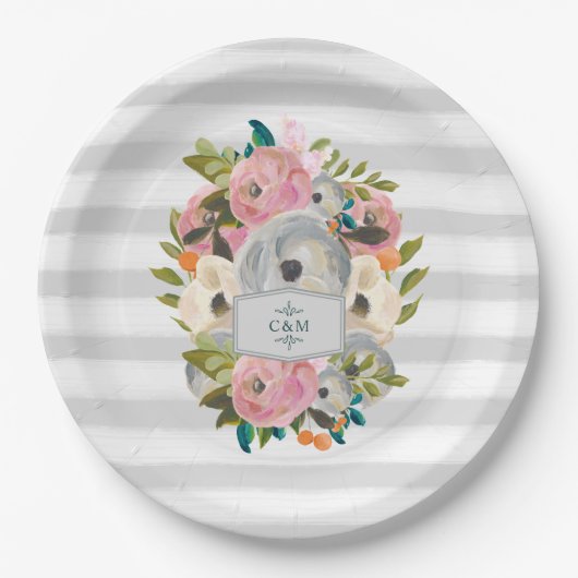 シックな灰色のストライプが付いているかわいらしい水彩画の花 ペーパープレート (正面)