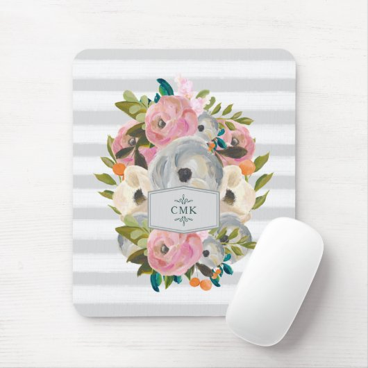 シックな灰色のストライプが付いているかわいらしい水彩画の花 マウスパッド (マウス)