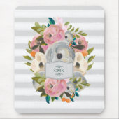 シックな灰色のストライプが付いているかわいらしい水彩画の花 マウスパッド (正面)