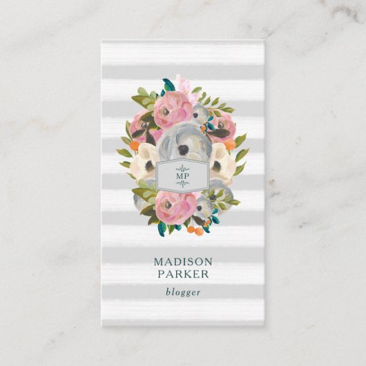 シックな灰色のストライプが付いている粋な水彩画の花 名刺 (正面)