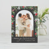 シックな灰色の植物性アーチ1フォトメリークリスマス シーズンカード (スタンド正面)