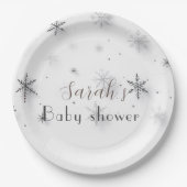 シックな灰色の雪の結晶の冬の赤ちゃんシャワー ペーパープレート (正面)
