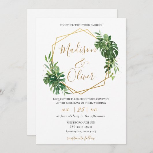シックな熱帯の緑の金ゴールド幾何結婚性 招待状