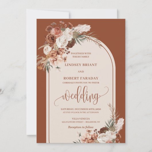 シックな燃えたオレンジ色のパンパスグラスボホウェディング招待 招待状 (正面)