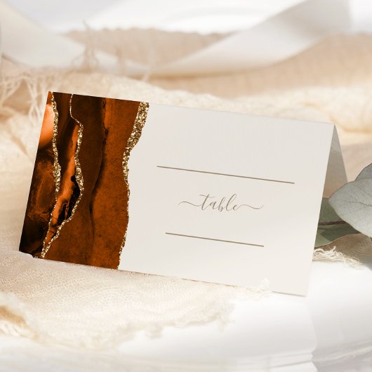 シックな燃えたオレンジ色の金ゴールドアゲートアイボリー結婚ズテーブル プレイスカード