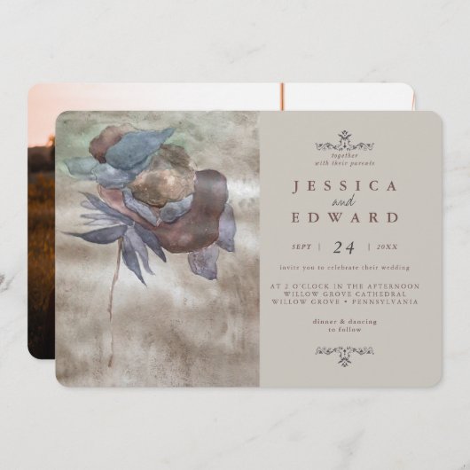 シックな燃グラデーションえた水の色のフローラフォト結婚ズ 招待状 (正面/裏面)