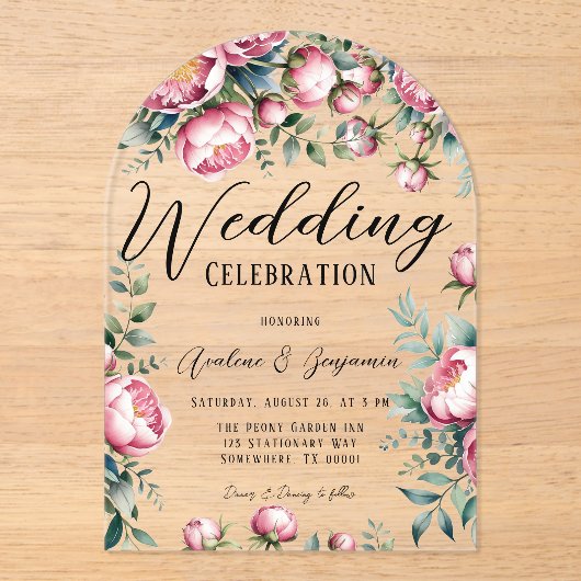 シックな牡丹のブーケ結婚の水色 アクリル招待状 (正面)