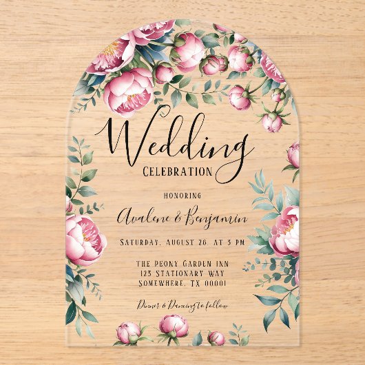 シックな牡丹のブーケ結婚の水色 アクリル招待状 (正面)