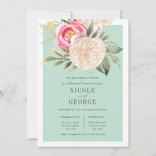 シックな牡丹金ゴールド結婚フラワーズリハーサルディナー 招待状 (正面)