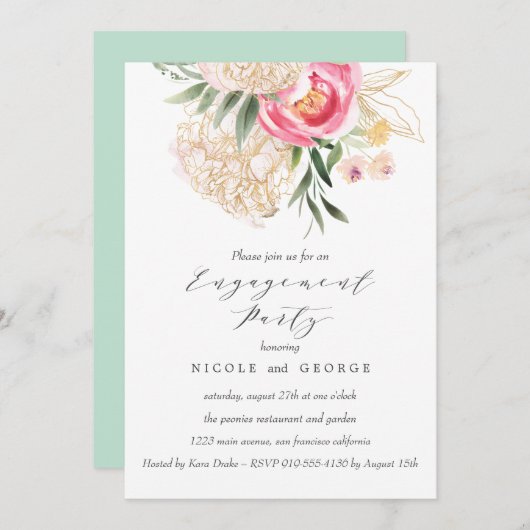 シックな牡丹金ゴールド結婚花の婚約パーティ 招待状 (正面/裏面)