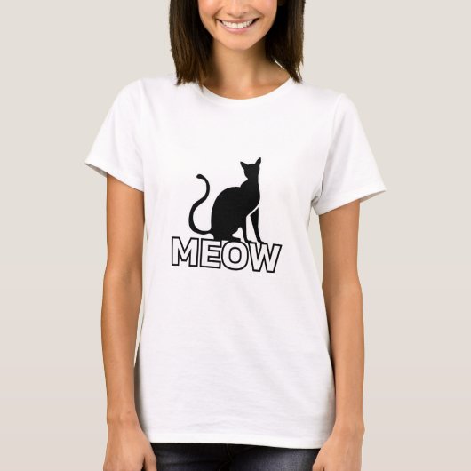 シックな猫チャーム – 白い「ニャー」猫シルエット Tシャツ (正面)