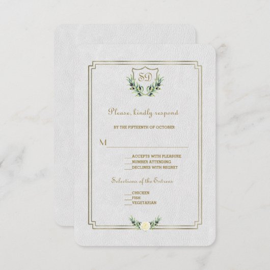シックな王室の金ゴールドクレスト緑豊かな結婚式RSVP 出欠カード (正面/裏面)