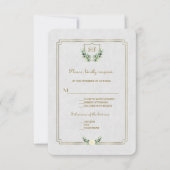 シックな王室の金ゴールドクレスト緑豊かな結婚式RSVP 出欠カード (正面)