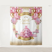 シックな甘い16バナーピンク金ゴールドバルーングリッター タペストリー (正面)