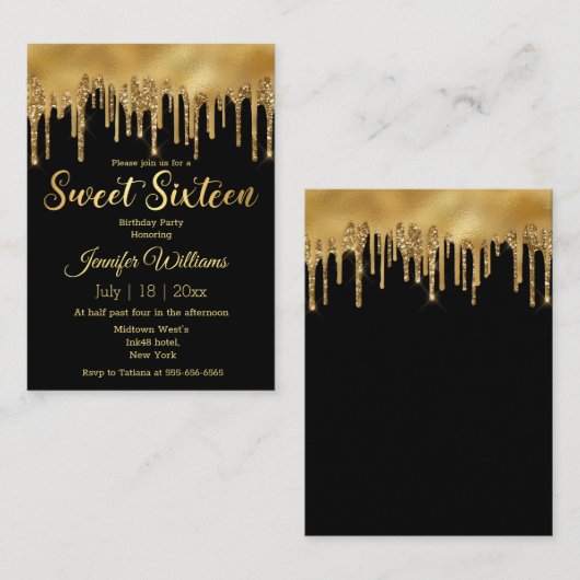 シックな甘い16ブラックゴールデン数々のドリップグリッター ノートカード (正面/裏面)