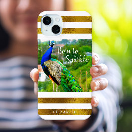 シックな生まれ孔雀から輝く金ゴールドホワイトストライプ iPhone 15 MINIケース