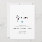 シックな男の子の誕生の発表小さな青いハート 招待状 (正面)