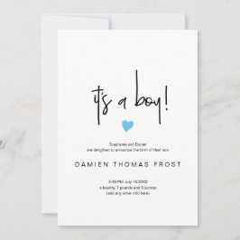 シックな男の子の誕生の発表小さな青いハート 招待状