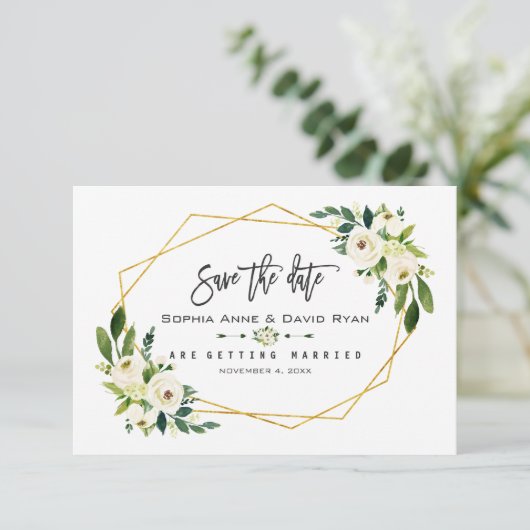 シックな白いフローラ金ゴールドフレーム写真の保存日付 セーブザデート (スタンド正面)