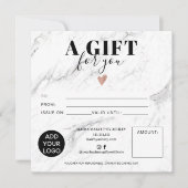 シックな白い大理石正方形のギフト証明書のロゴ (正面)