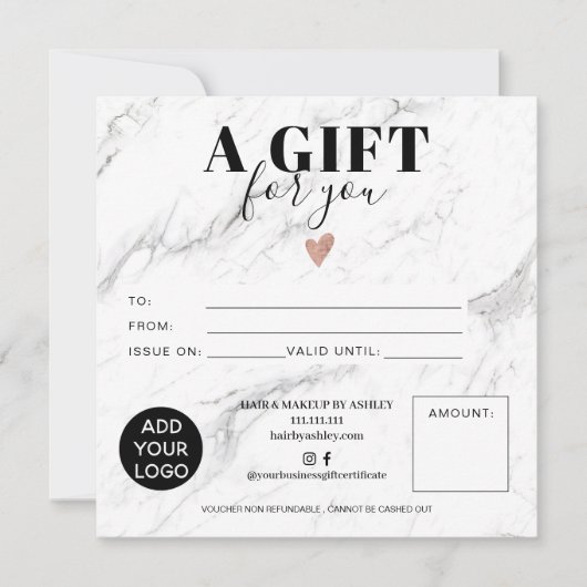 シックな白い大理石正方形のギフト証明書のロゴ (正面)