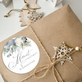 シックな白い濃い緑のメリークリスマスの葉 ラウンドシール