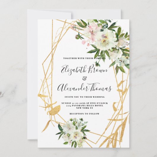 シックな白い牡丹金ゴールドテラリウム結婚フローラ 招待状 (正面)