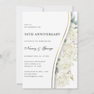 シックな白い花と葉の50回目結婚記念日 招待状