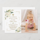 シックな白い花金ゴールドガールフォトバプテスマ 招待状 (正面/裏面)