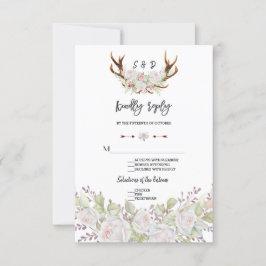 シックな白い花〔雄ジカの〕枝角手書きRSVP 出欠カード