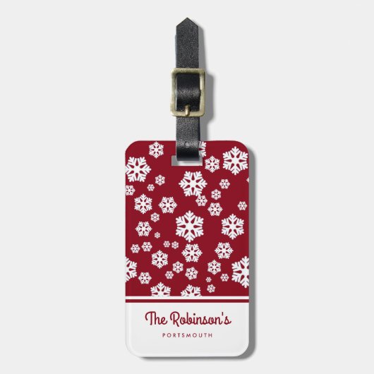 シックな白い雪片ダークレッドの北欧パターン ラゲッジタグ (正面縦)